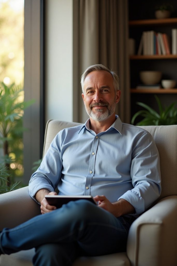 Flux Dev A man in his 50s Thomas sits in the living room of a 0 Sajat